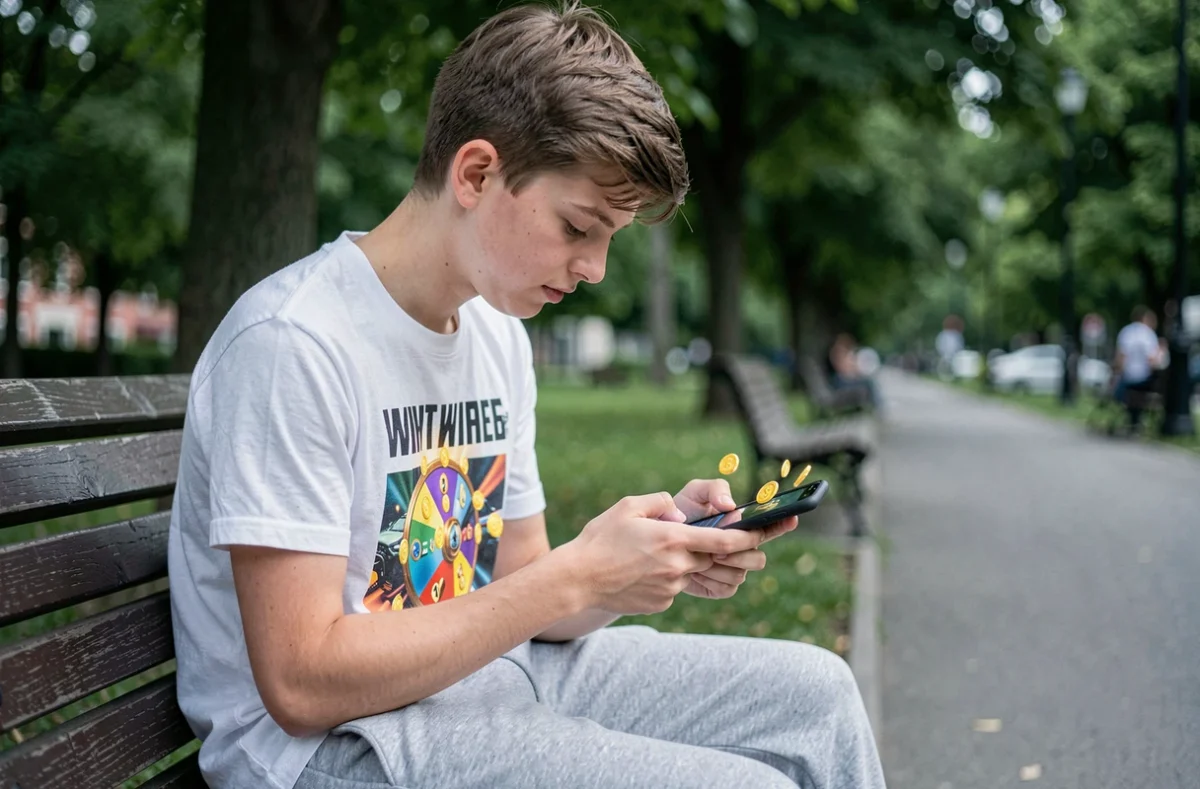 Adolescent consultant ses tours gratuits Coin Master sur smartphone dans un parc en 2026