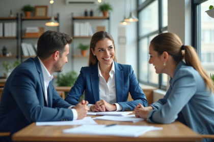 Agent immobilier discutant de valuation avec un couple en bureau