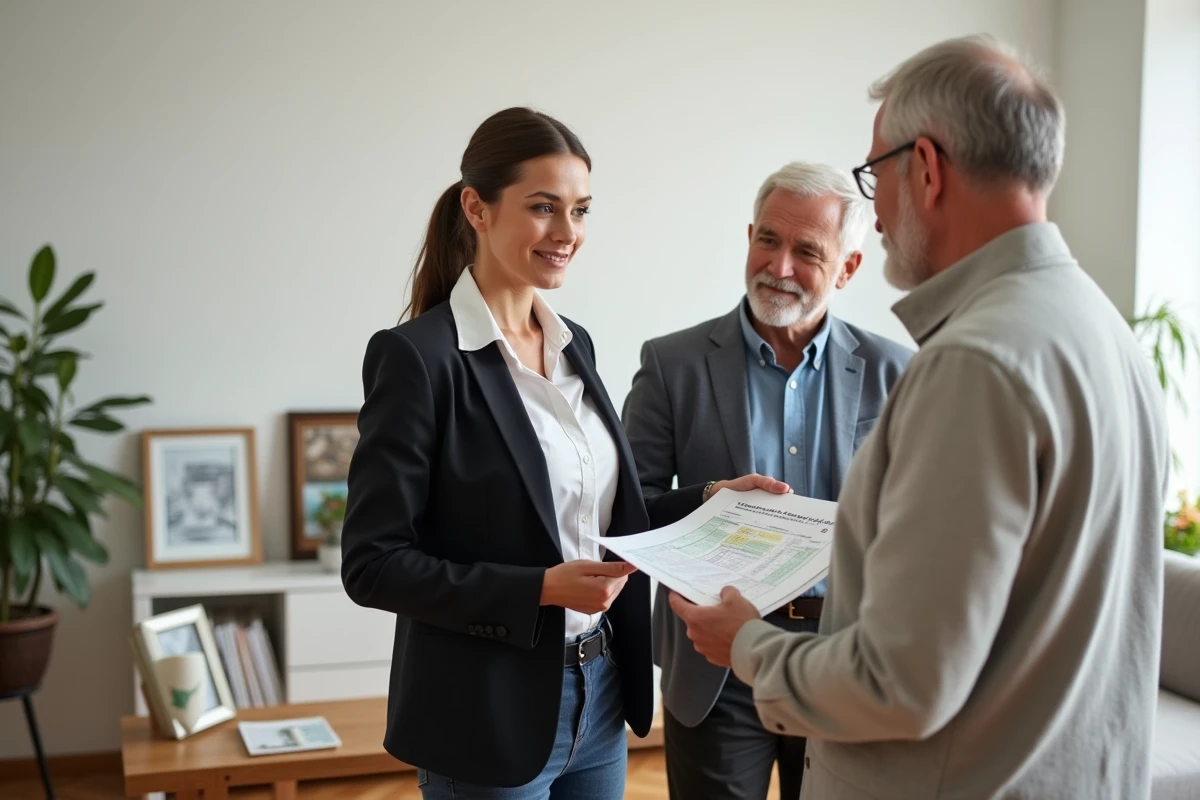 Jeune agente immobiliere discutant avec un couple dans un salon rénové