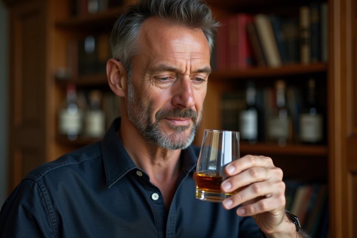 Amateur de whisky tenant un verre de whisky japonais Akashi et l'examinant lors d'une séance de dégustation comparative à domicile