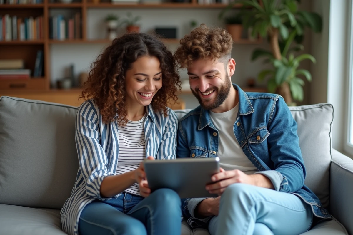Deux amis collaborant sur une tablette pour trouver la solution de 7 lettres dans le jeu 4 Images 1 Mot