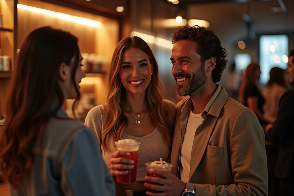 Trois amis discutant au bar d