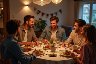 Groupe d'amis riant lors d'un dîner festif à la maison