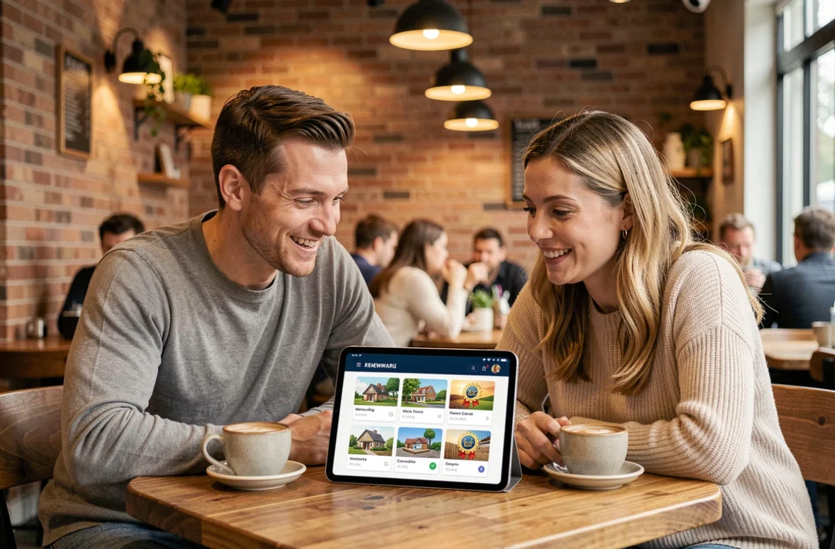 Deux amis analysant ensemble les bénéfices du lien entre Monopoly Go et le Tycoon Club sur une tablette dans un café