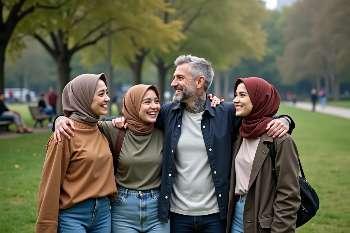 Quatre jeunes amis dans un parc urbain en plein air