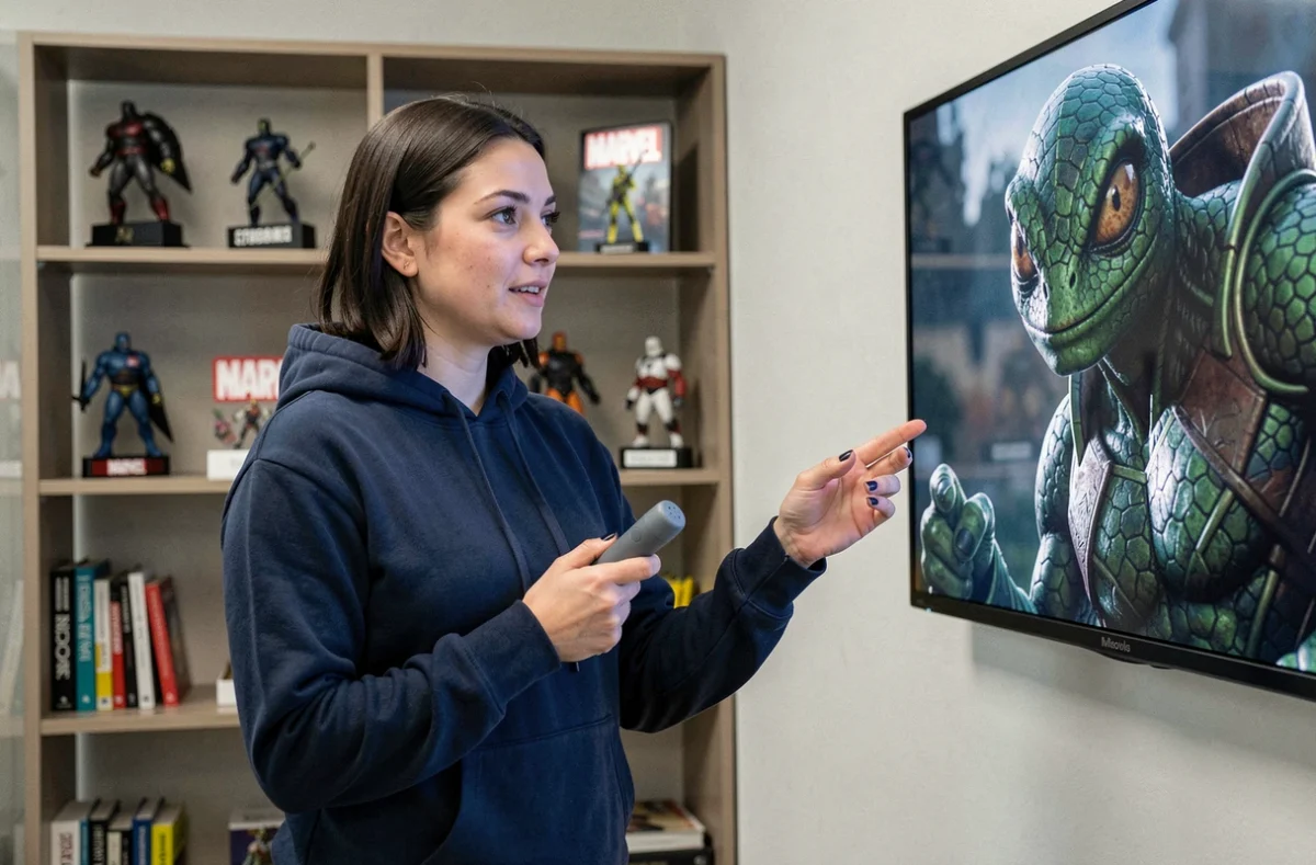 Femme présentant une analyse de théories de fans Marvel devant un écran affichant une scène avec un personnage caméléon