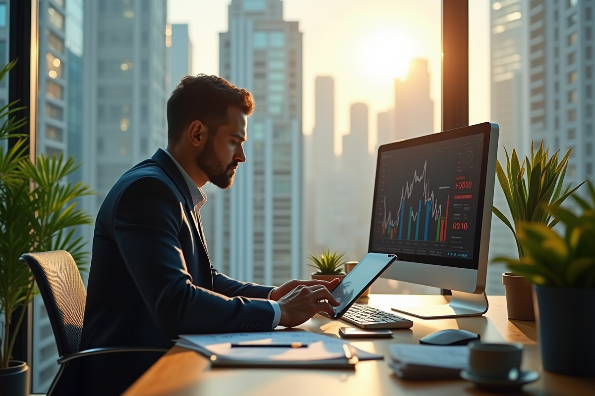 Entrepreneur analysant des graphiques de profit sur une tablette dans un bureau ensoleille