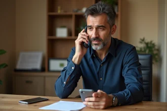 Homme composant un indicatif international sur son smartphone pour appeler l'Algérie depuis l'étranger