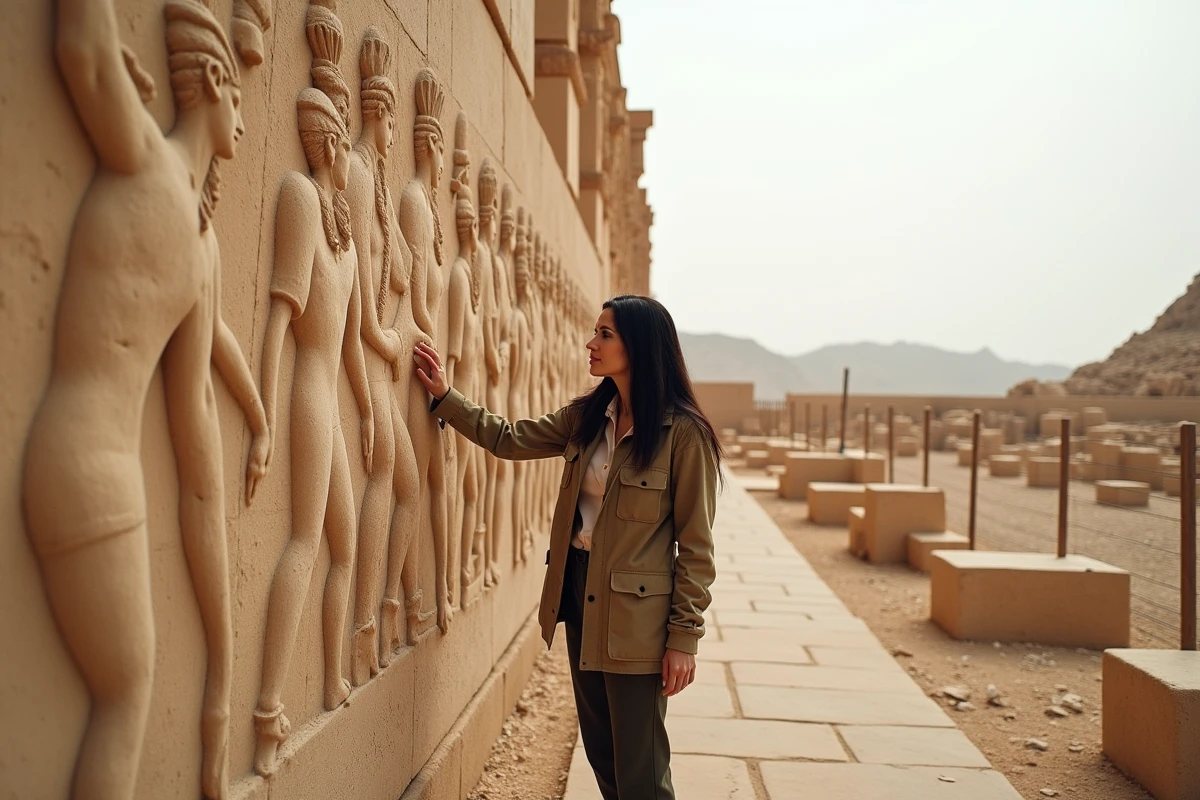 Archéologue féminine étudiant un bas-relief mythologique colossal sur un site de fouilles