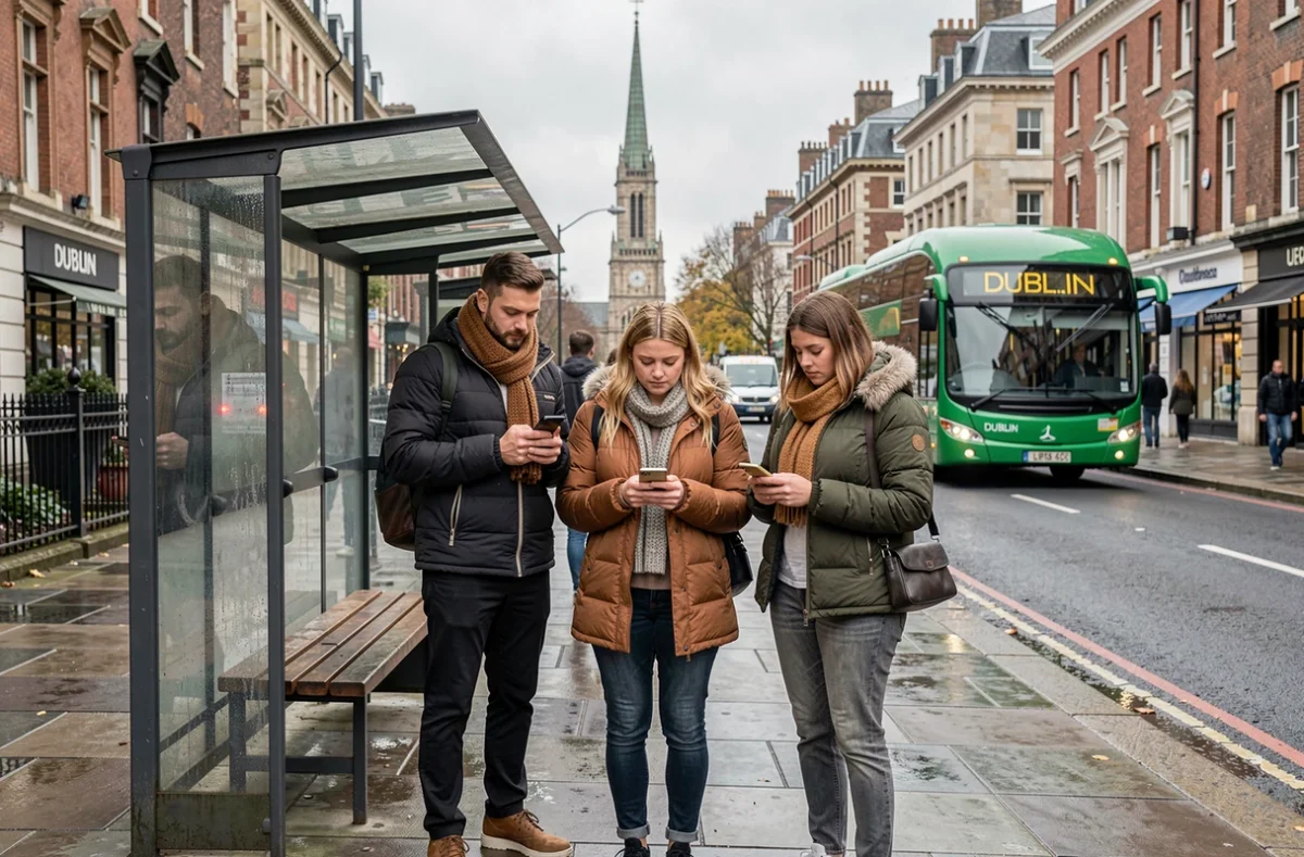 Groupe de voyageurs attendant un bus Dublin Bus à l'arrêt sur O'Connell Street en automne