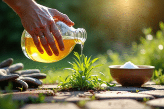 Main versant du vinaigre sur des mauvaises herbes entre pavés