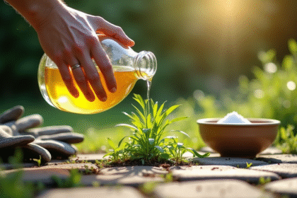 Main versant du vinaigre sur des mauvaises herbes entre pavés