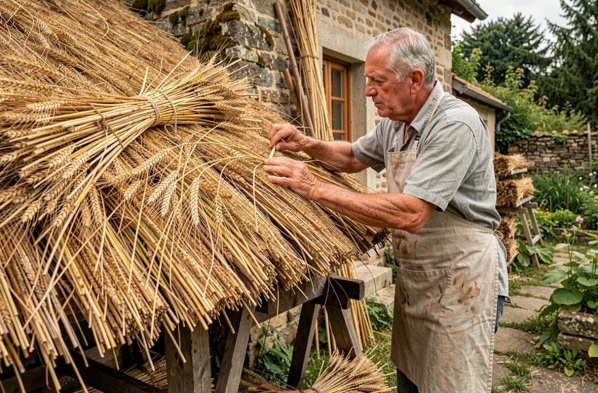 Artisan spécialisé dans la pose de toiture en chaume traditionnel sur une chaumière en pierre de Corrèze