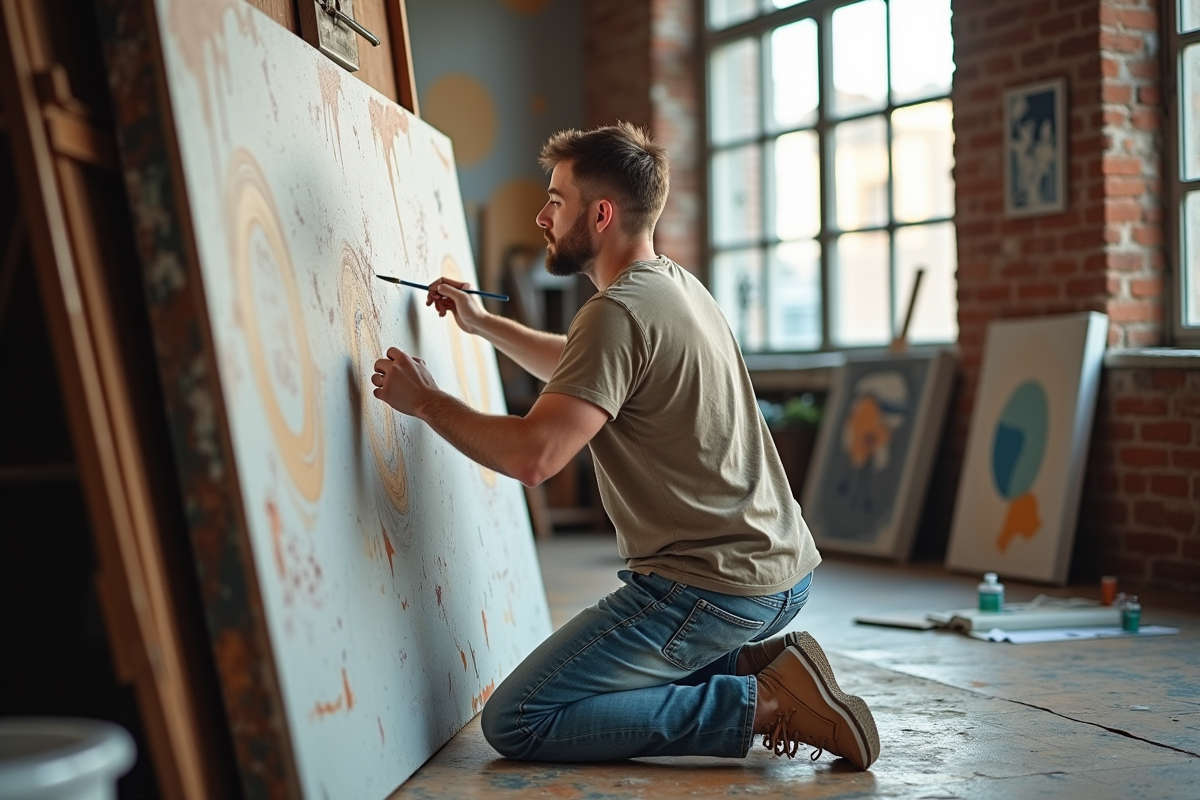 Artiste peignant dans un atelier lumineux avec toiles et materiaux