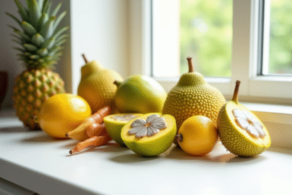 Assortiment de fruits J sur plan de travail lumineux