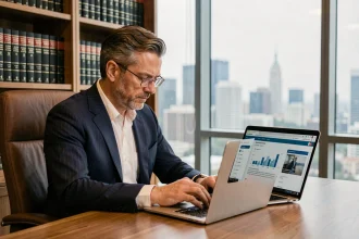 Avocat en costume marine concentré sur son espace de connexion juridique en ligne depuis son bureau professionnel