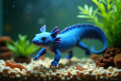 Axolotl bleu nageant dans un aquarium naturel