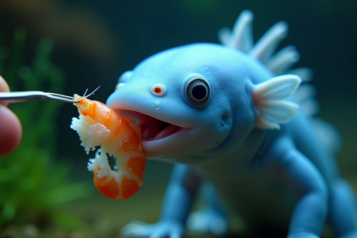 Gros plan sur un axolotl bleu mangeant une crevette