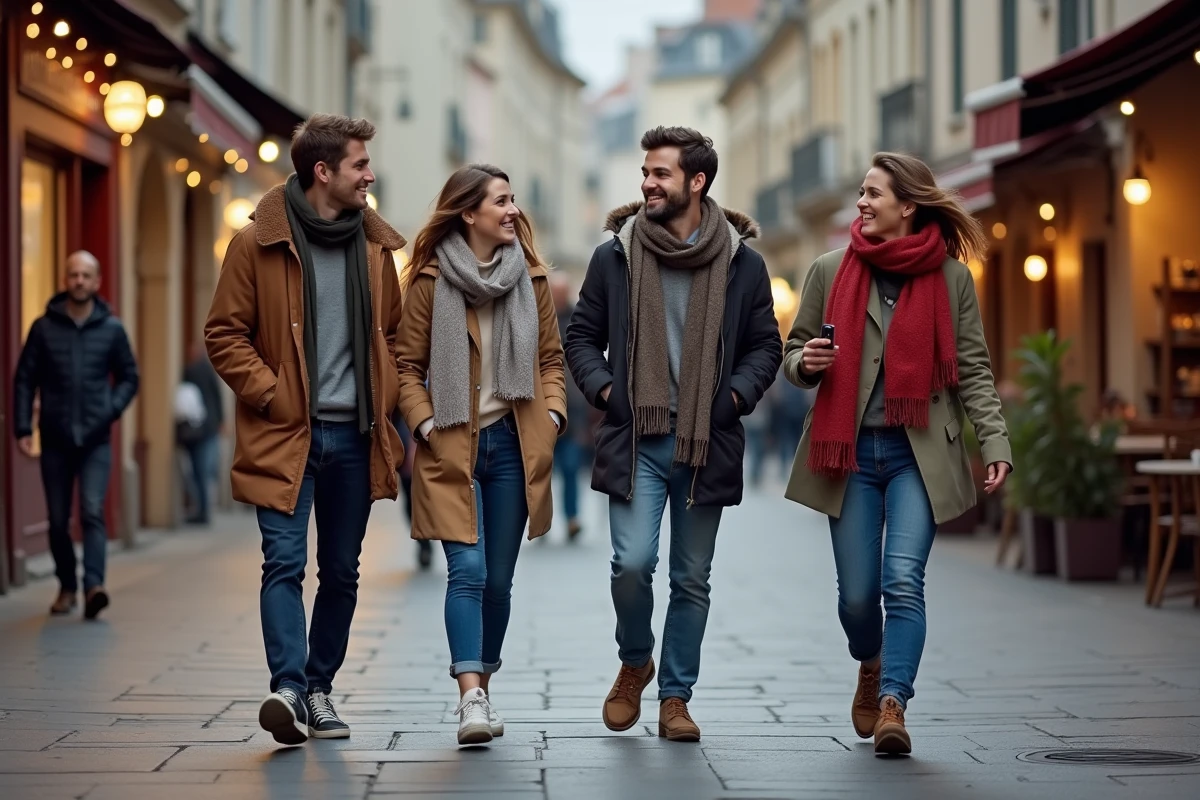 Groupe d'amis se baladant dans les rues piétonnes du centre-ville de Cholet en soirée