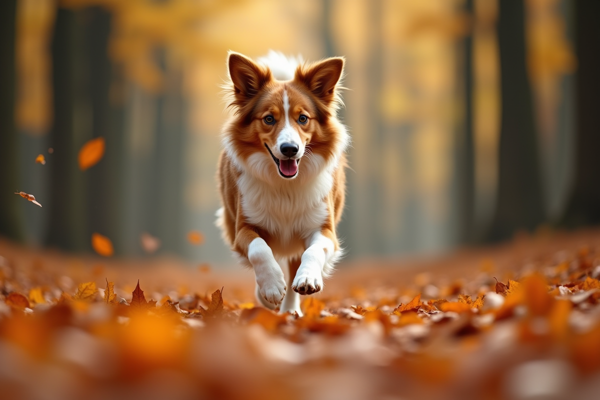 Chien berger australien merle rouge courant dans les feuilles d