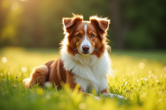 Chien berger australien merle rouge au soleil dans un pré