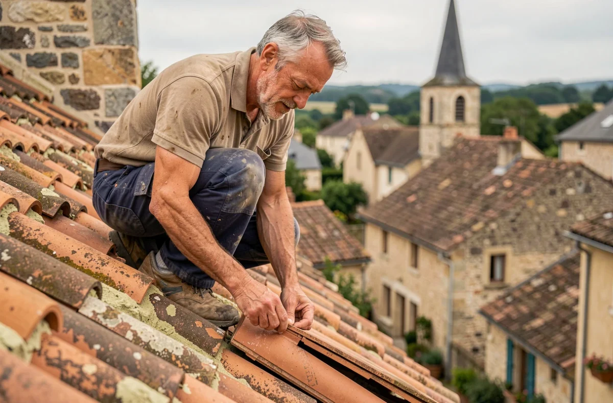 Joël Bouillaguet couvreur expérimenté posant des faîtières en terre cuite sur un toit traditionnel dans un village de Corrèze