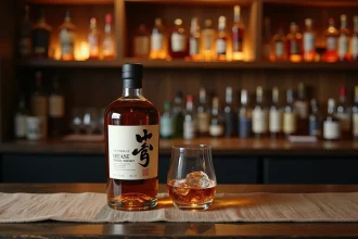 Bouteille de whisky japonais Akashi posée sur un comptoir de bar en chêne avec un verre de dégustation rempli de whisky ambré