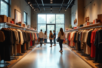 Intérieur d'une boutique de vêtements moderne et lumineuse avec clients heureux