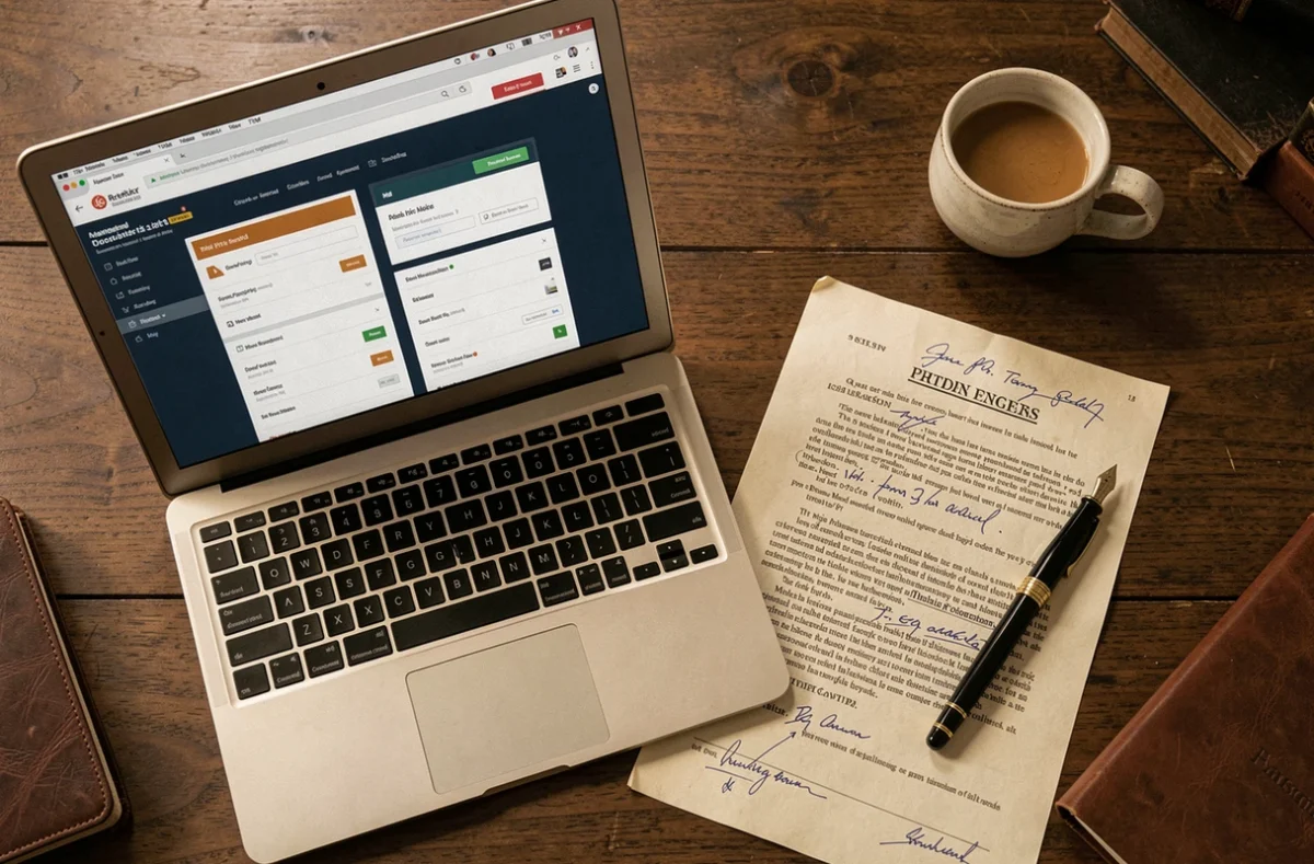 Vue aérienne d'un bureau d'avocat avec un ordinateur portable comparant les interfaces de connexion avocat et e-Barreau