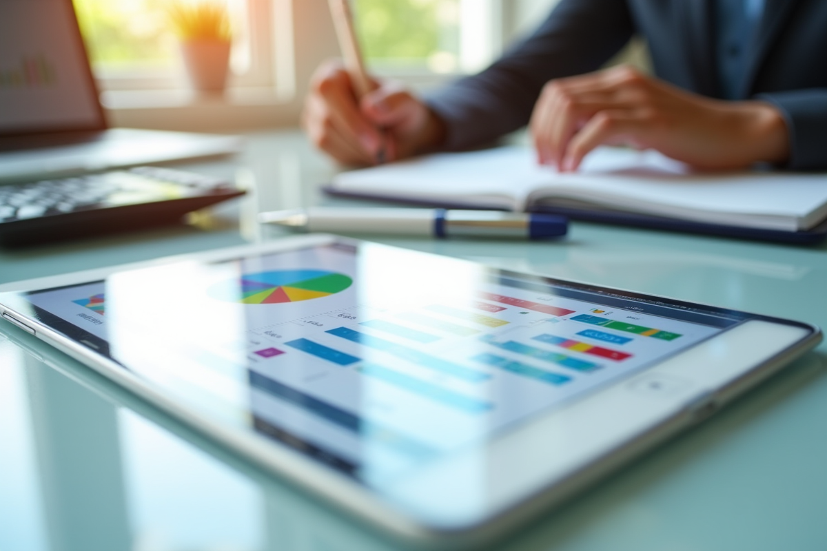 Bureau organisé avec calculatrice et graphique financier