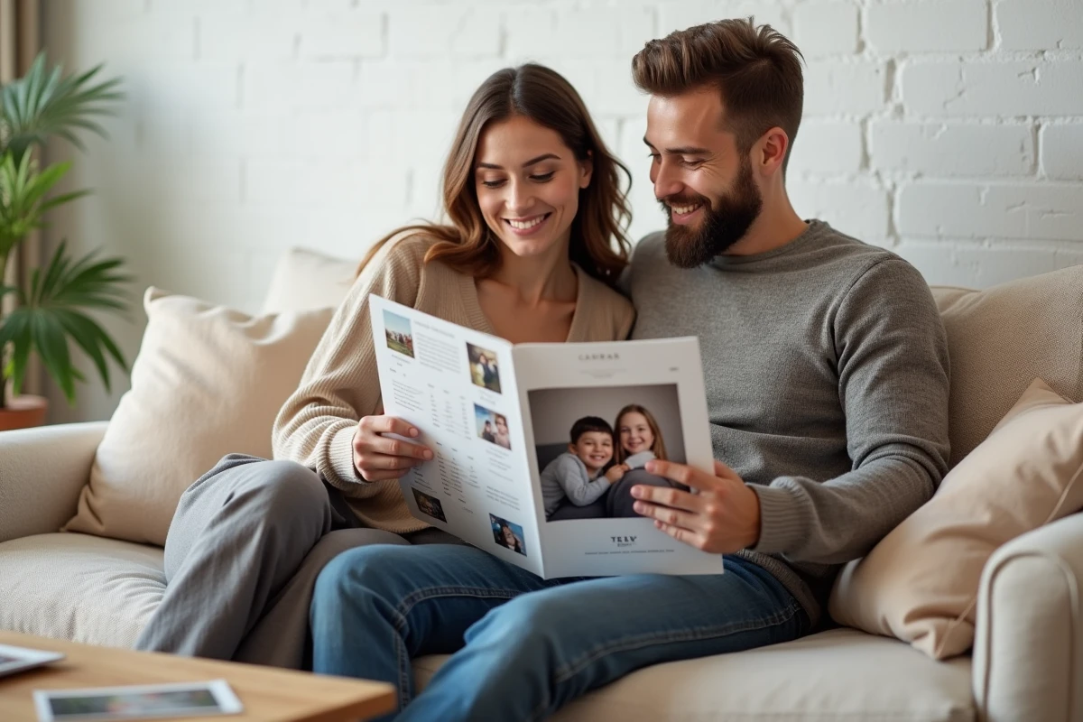 Couple feuilletant un calendrier mural personnalisé 2026 avec leurs photos de vacances sur un canapé