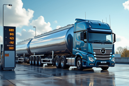 Camion citerne à la station de service en plein jour