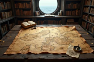 Carte maritime ancienne annotée posée sur une table en bois brut, avec une boussole en laiton et des fragments de parchemin évoquant les mystères de la famille D dans One Piece