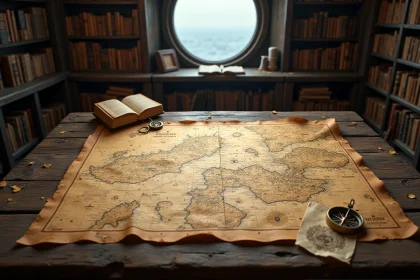 Carte maritime ancienne annotée posée sur une table en bois brut, avec une boussole en laiton et des fragments de parchemin évoquant les mystères de la famille D dans One Piece