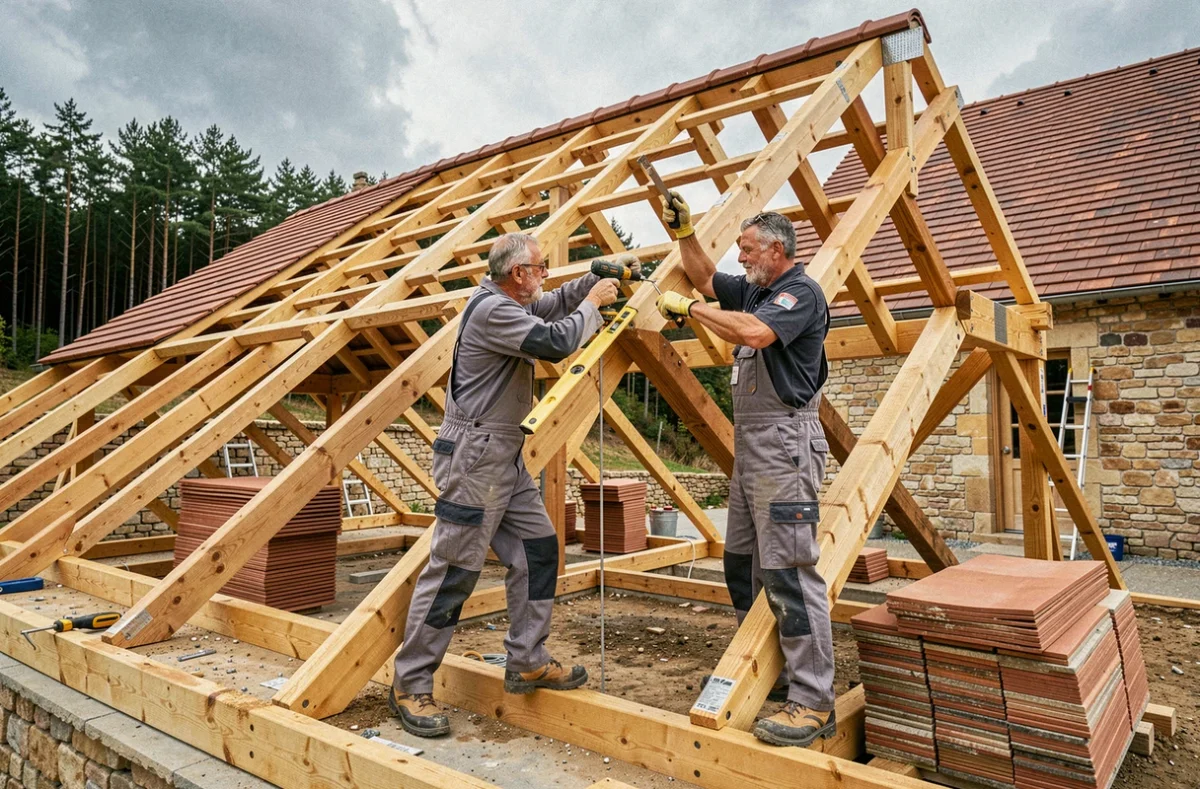 Les frères Prat de C.C.P.F. travaillant ensemble sur une charpente bois d'une maison en construction en Corrèze