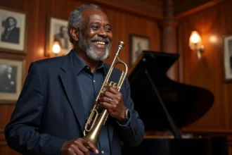 Chanteur jazz noir âgé en costume dans un studio vintage