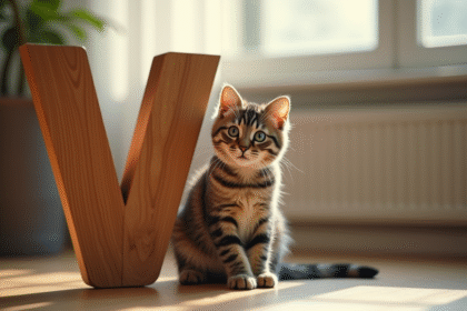 Chat tigré assis près d'une lettre V en bois naturel