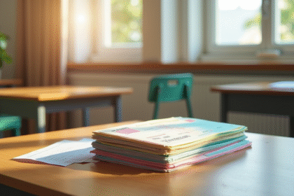 Cheques vacances colorés sur bureau d'enseignant