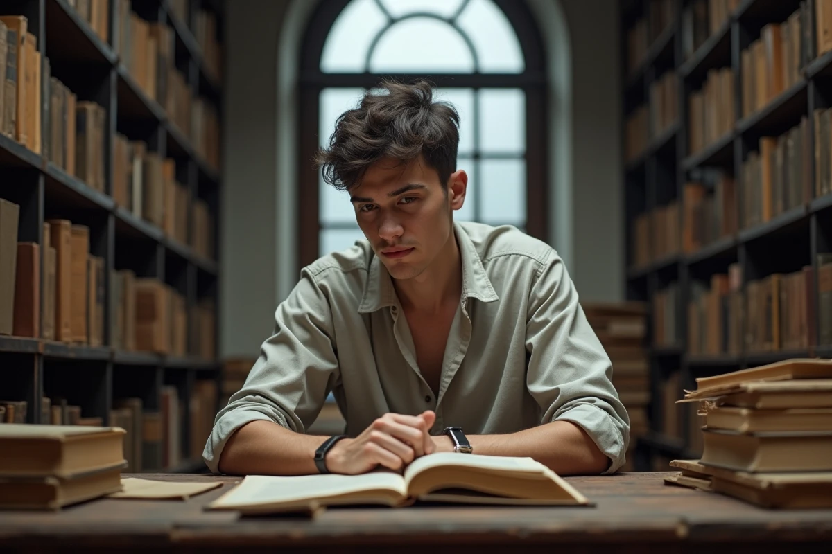 Jeune chercheur concentré consultant un vieux livre relié en cuir dans une salle d'archives universitaire, symbolisant la recherche sur les secrets de la famille D