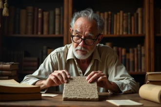 Chercheur examinant une tablette de pierre ancienne couverte d'inscriptions dans une bibliothèque historique