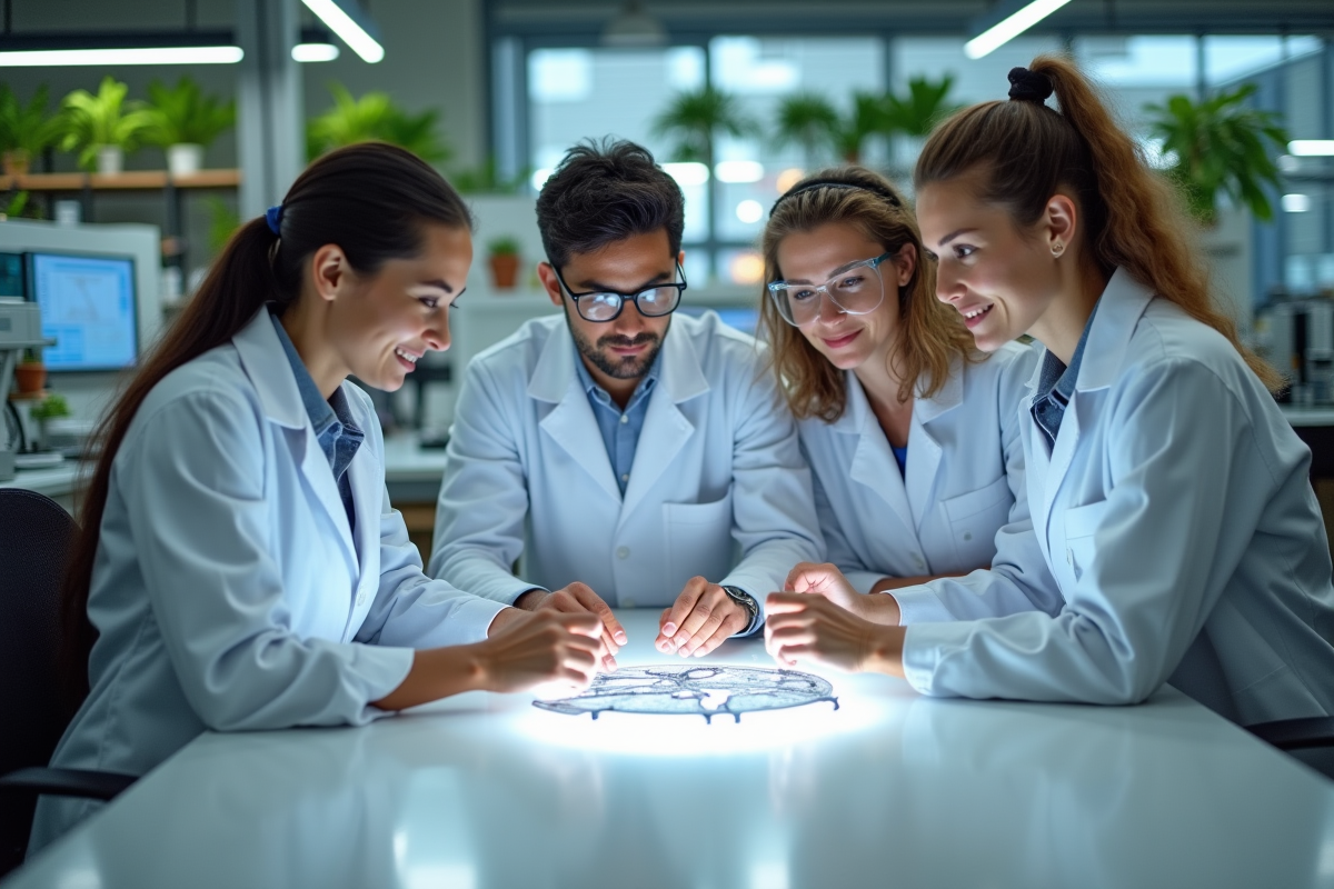 Groupe de chercheurs discutant d un prototype 3D dans un laboratoire