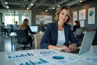 Chercheuse de l'INSEE analysant des statistiques économiques sur un ordinateur dans un bureau moderne