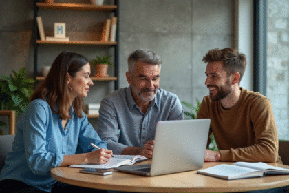 Trois collègues autour d'une table dans un bureau moderne