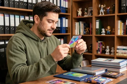 Collectionneur adulte examinant une carte Pokémon holographique de l'extension Aventure Ensemble à son bureau de collection