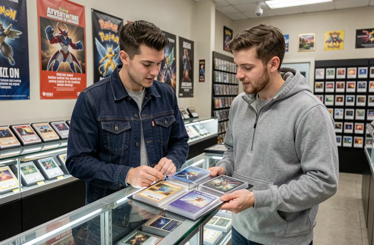 Deux collectionneurs discutant de cartes Pokémon Aventure Ensemble dans un magasin spécialisé en cartes à collectionner