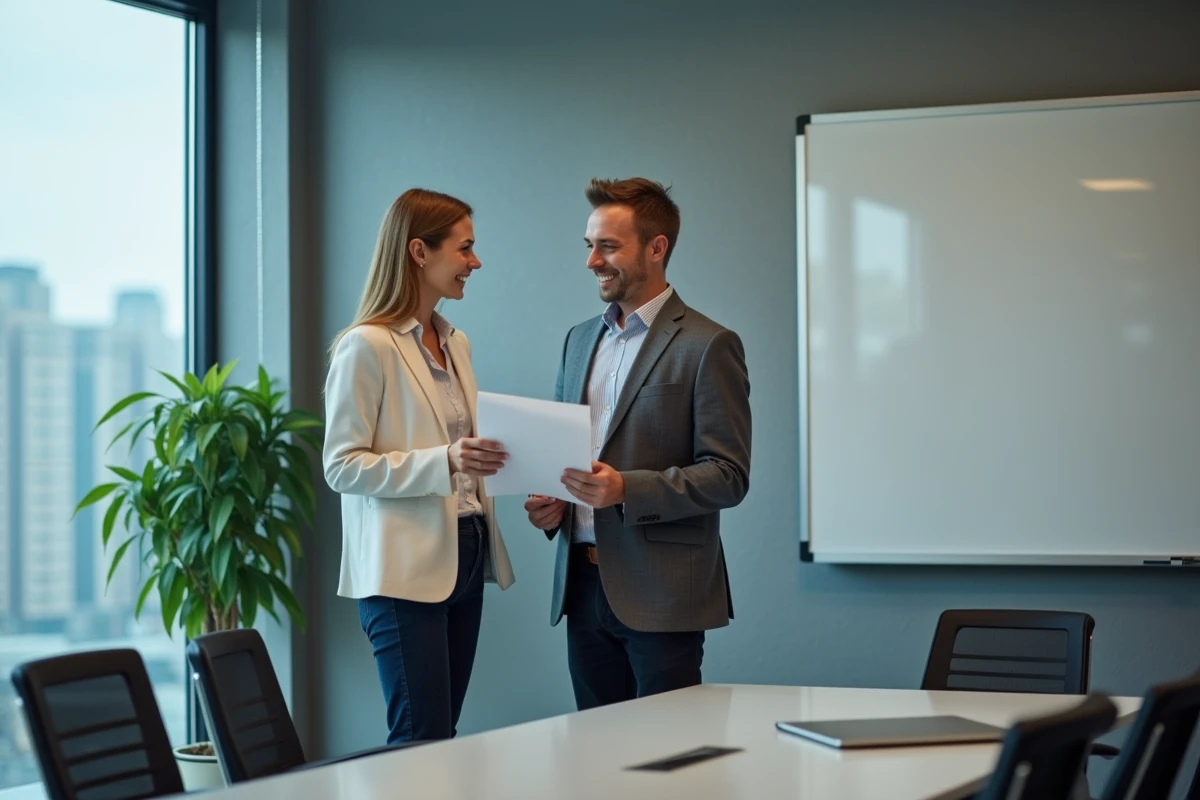 Deux collègues discutant d'un document professionnel en salle de réunion, illustrant les usages des formules de courtoisie et de remerciement dans la communication professionnelle