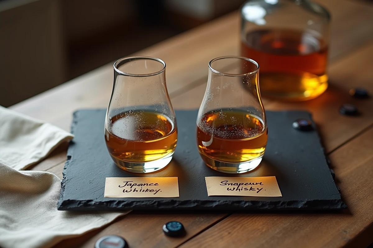 Comparaison de deux verres de whisky côte à côte sur une ardoise de dégustation, whisky japonais Akashi versus whisky écossais d'entrée de gamme
