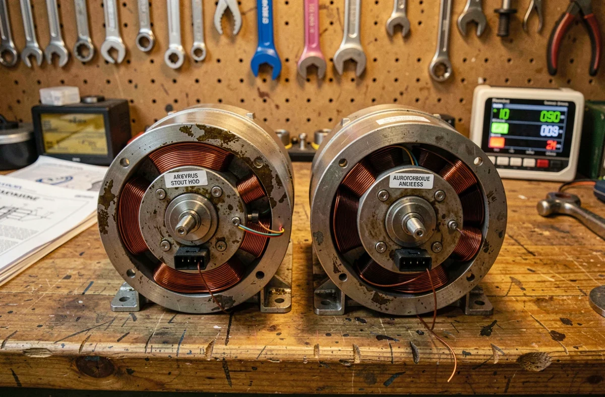 Comparaison côte à côte d'un moteur synchrone et d'un moteur asynchrone sur un établi d'atelier technique
