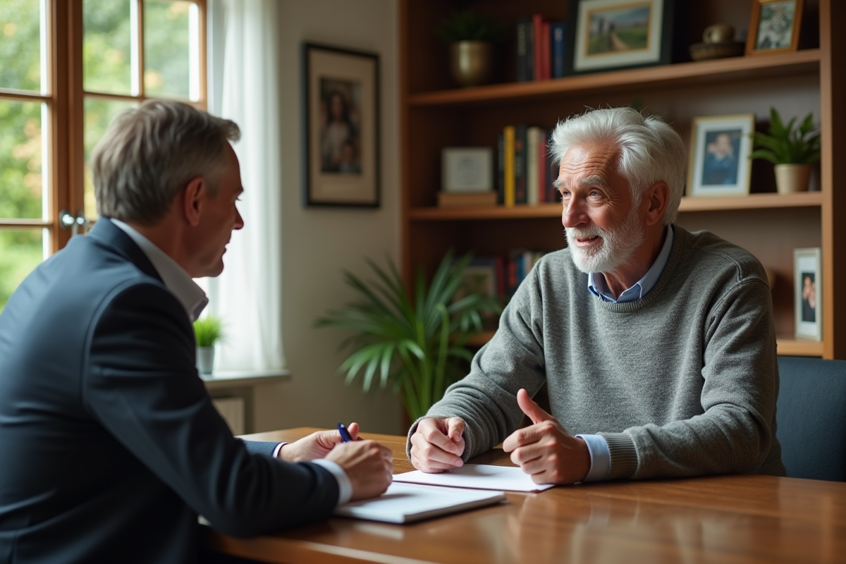 Homme âgé discutant avec un conseiller financier dans un intérieur chaleureux