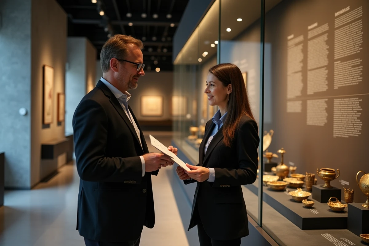 Conservateurs de musée discutant d'une chronologie des titans primordiaux devant une vitrine d'artefacts anciens